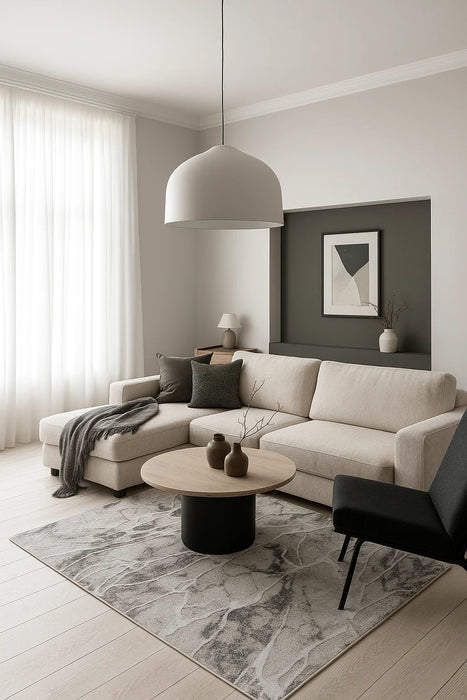 covor modern gri bej model Elma EI001/106 in living luminos