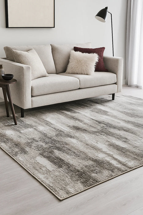 covor modern gri bej asezat in living, vedere laterala