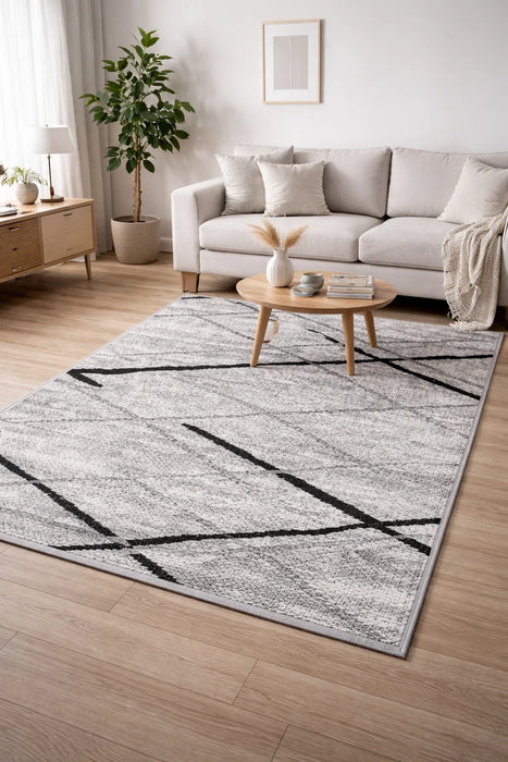 Covor modern gri cu model geometric pentru living design contemporan