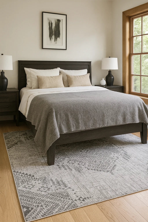 Covor modern gri în dormitor, potrivit pentru un decor minimalist și elegant