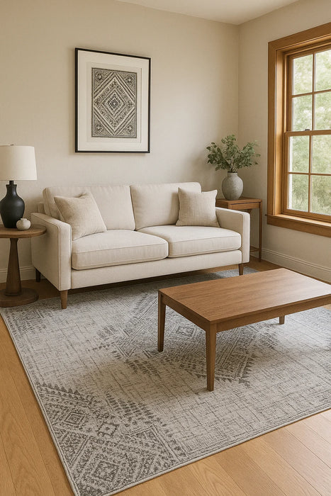 Covor modern gri integrat într-un living modern și luminos