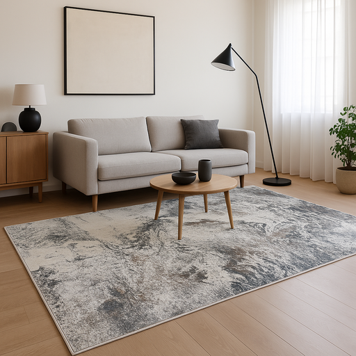 Covor modern gri pentru living, model abstract marmorat, design elegant contemporan