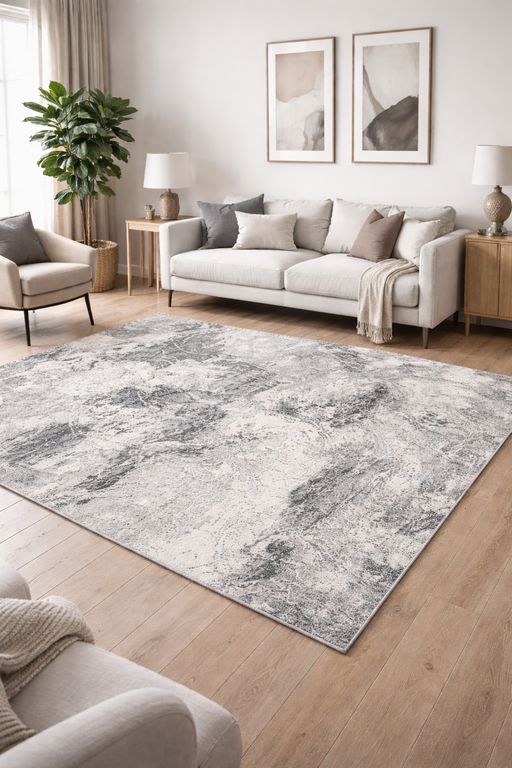 Covor modern gri pentru living, integrat intr-un interior elegant si luminos