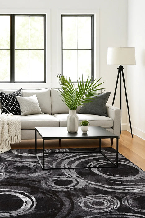 Covor modern gri cu model geometric cercuri integrat in decor de living contemporan