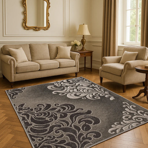 Covor modern gri antracit cu model ornamental elegant asezat in living stil contemporan