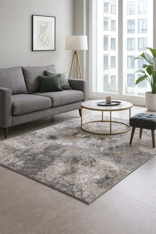 Covor modern gri maro in living cu design abstract contemporan