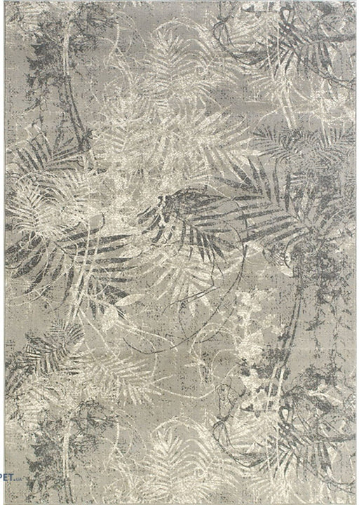 Covor modern gri cu model tropical abstract si textura fina, potrivit pentru living sau dormitor