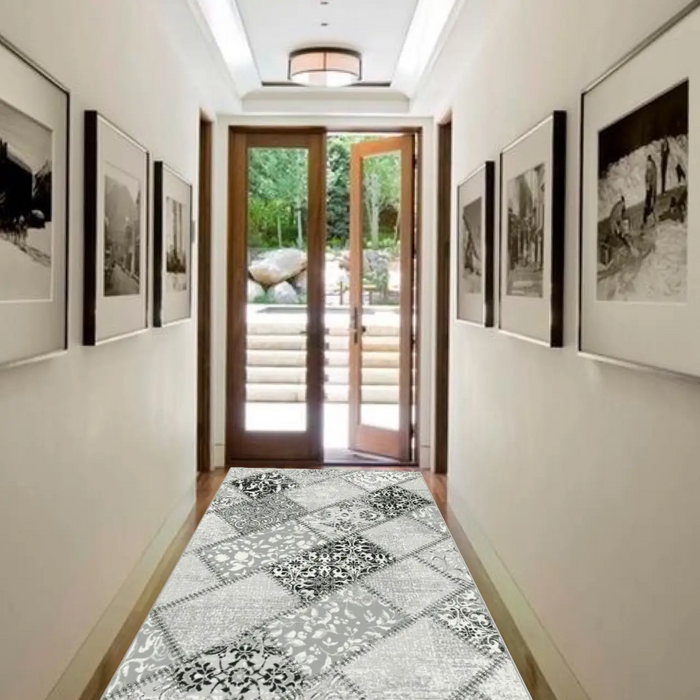 Covor modern gri patchwork pentru hol model geometric elegant tip traversa