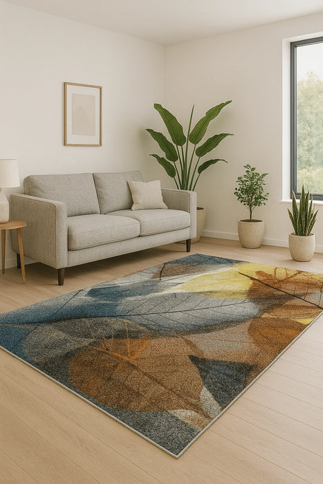 Covor modern pentru living cu design abstract in nuante de albastru, bej si maro, ideal pentru sufragerie, dormitor si amenajari interioare moderne.