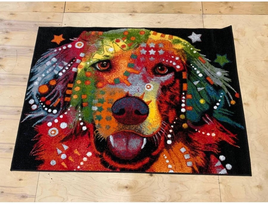 Covor modern pentru living cu portret de caine colorat, design artistic multicolor si aspect decorativ premium.