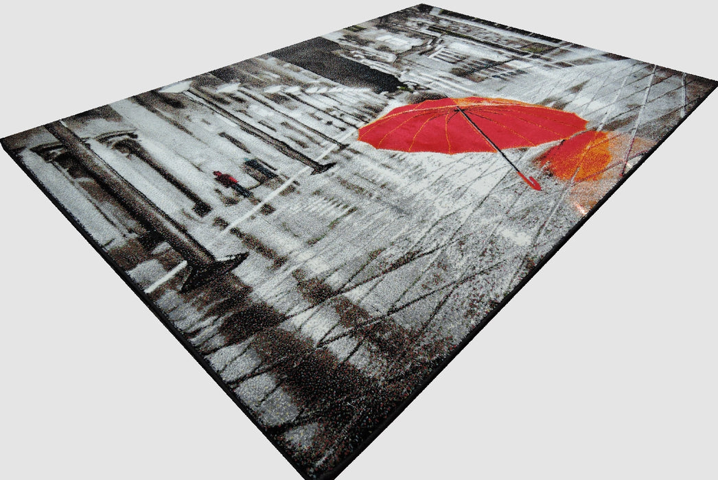 Covor modern living cu peisaj urban și umbrelă roșie pentru decor contemporan
