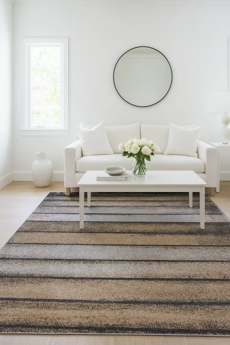 Covor modern pentru living cu dungi bej, design elegant si confortabil, potrivit pentru decor contemporan