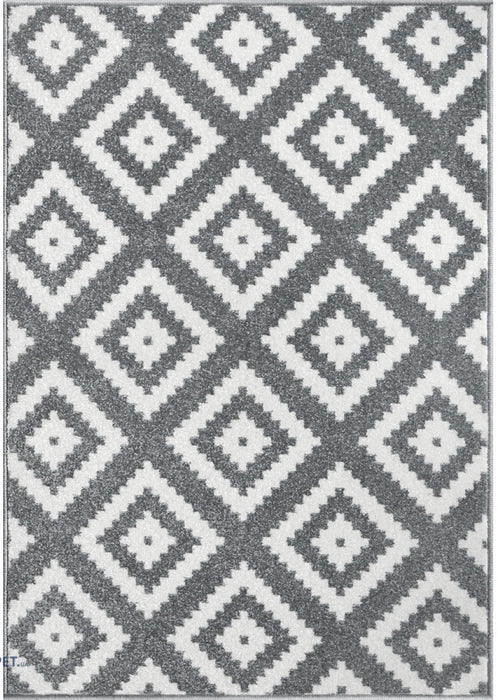 Covor modern living cu model geometric gri si alb, ideal pentru sufragerie, dormitor si hol.