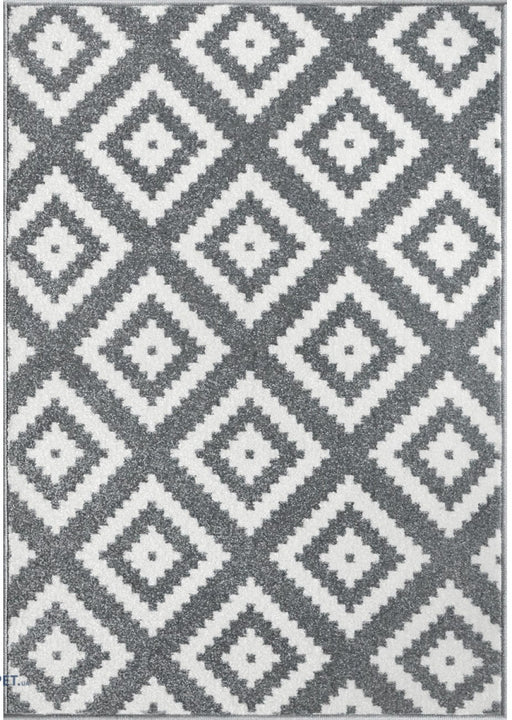 Covor modern living cu model geometric gri si alb, ideal pentru sufragerie, dormitor si hol.