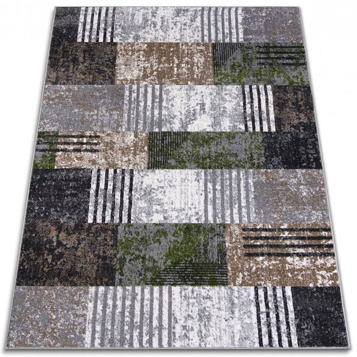 Covor modern pentru living, design geometric în tonuri neutre, gri și maro.