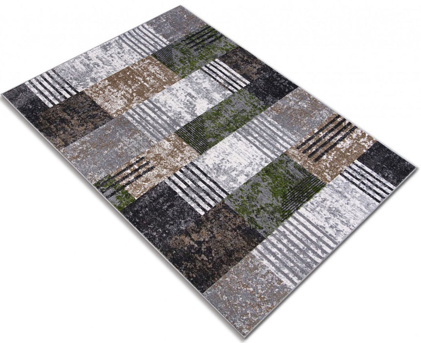 Covor geometric modern pentru living, accente gri, maro și verde.