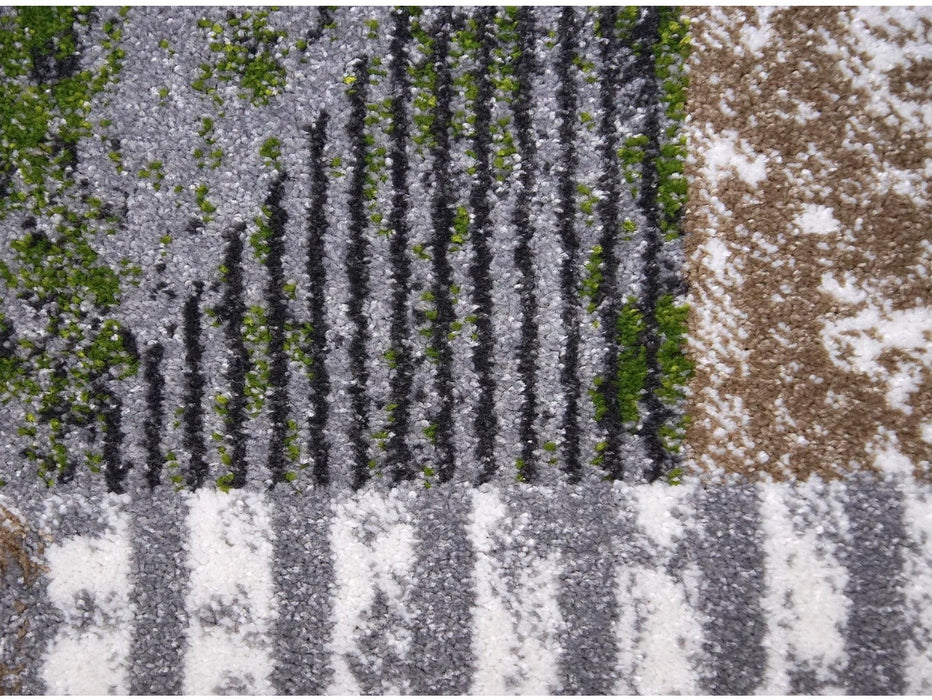 Covor modern pentru living, model patchwork geometric în nuanțe gri-maro.