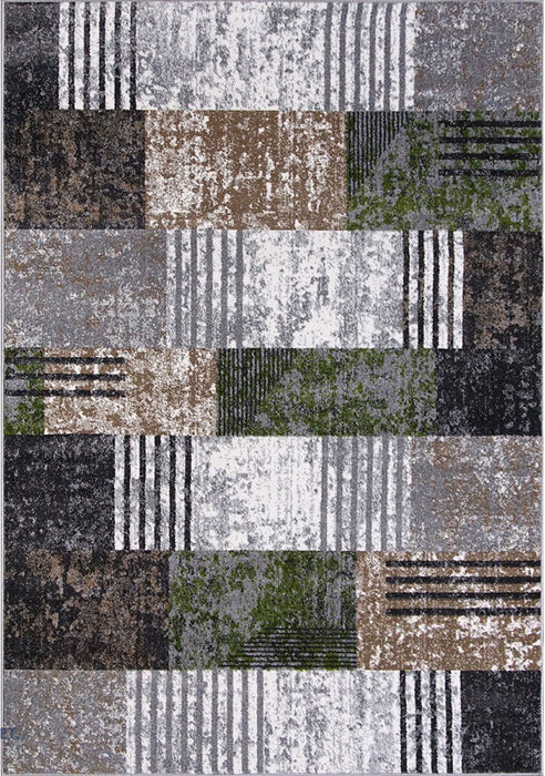 Covor modern pentru living cu model geometric gri, maro și verde.