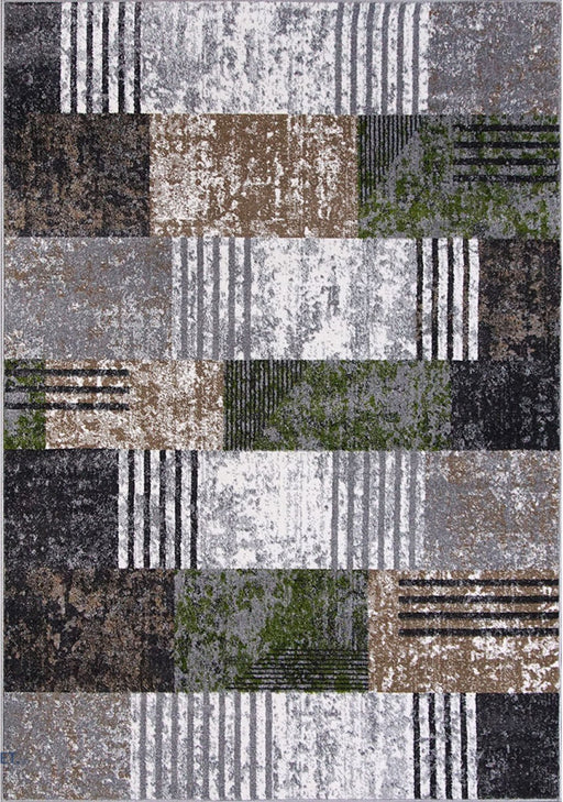 Covor modern pentru living cu model geometric gri, maro și verde.