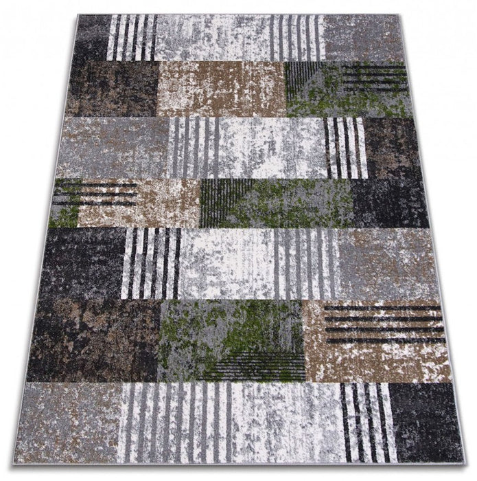 Covor living geometric modern în culori gri, alb și verde pentru decor elegant
