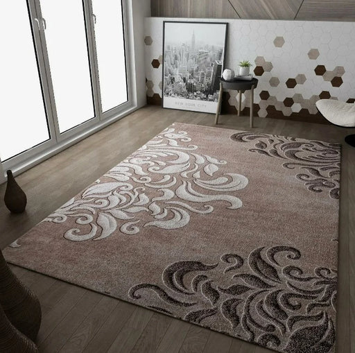 Covor modern maro bej cu model abstract elegant integrat in living luminos stil contemporan