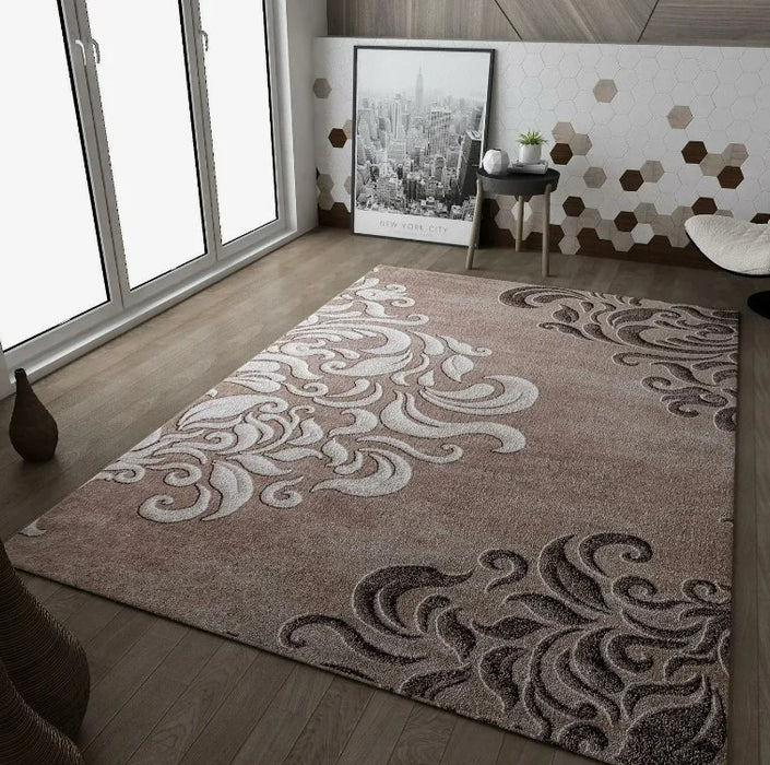 Covor modern maro bej cu model abstract elegant integrat in living luminos stil contemporan