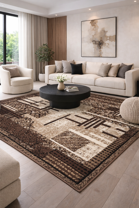 covor modern maro bej cu model geometric asezat in living