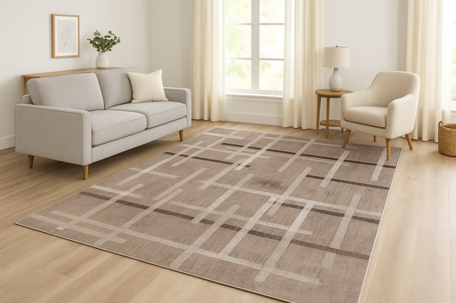 Covor modern maro bej cu model geometric linii integrat in living luminos stil contemporan