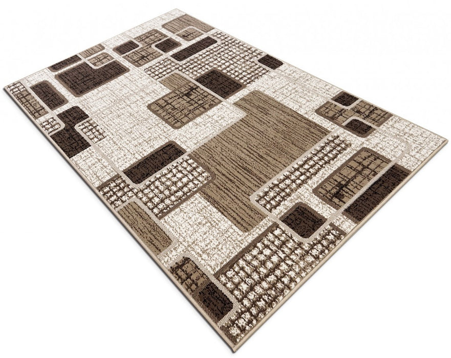 Covor modern maro bej vazut din unghi, cu model geometric elegant