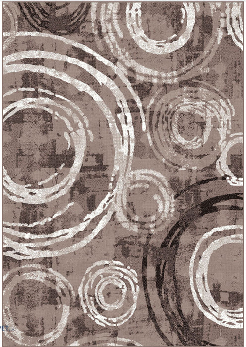 Covor modern maro cu model geometric cercuri abstracte pentru living sau dormitor stil contemporan