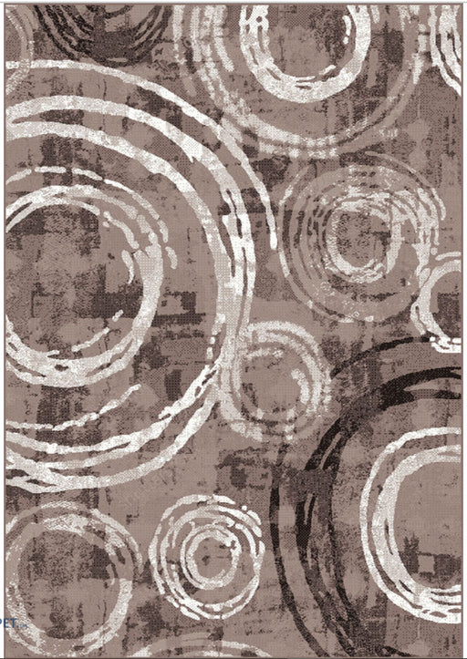 Covor modern maro cu model geometric cercuri abstracte pentru living sau dormitor stil contemporan