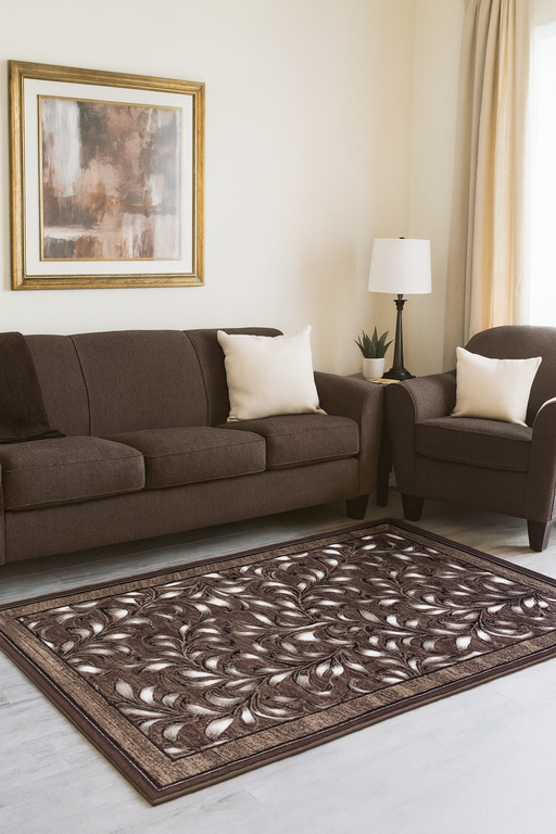 Covor modern maro cu model floral, amplasat in living elegant