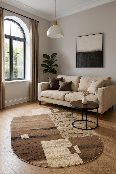 covor modern oval bej maro integrat in living elegant