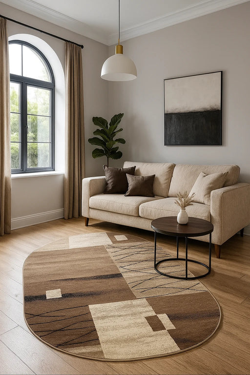 covor modern oval bej maro integrat in living elegant