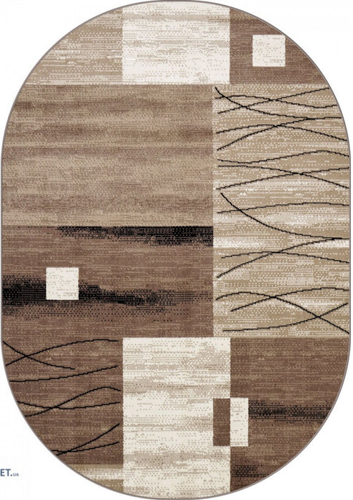 covor modern oval bej maro cu design geometric, vedere de sus