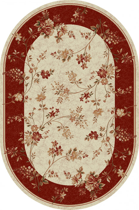 covor modern oval crem cu bordura grena vedere de sus