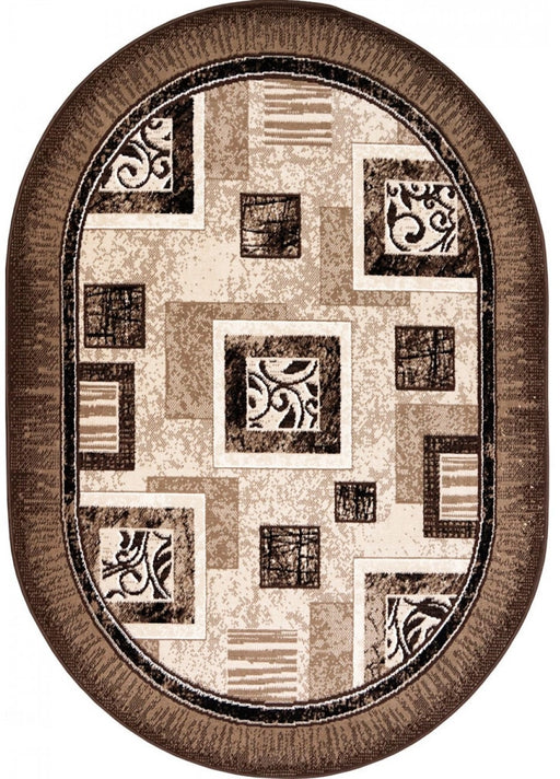 covor modern oval maro bej cu model geometric vedere completa