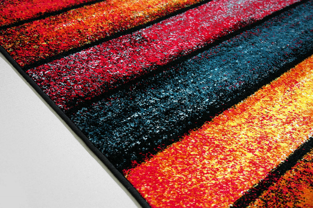 Detaliu covor multicolor textura moale cu dungi colorate, covor modern pentru living si dormitor