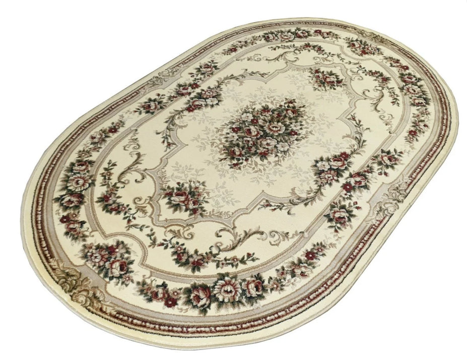 Covor oval crem bej cu model floral vazut de sus