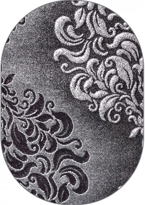 Covor oval gri cu design ornamental abstract vazut de sus forma eleganta pentru living