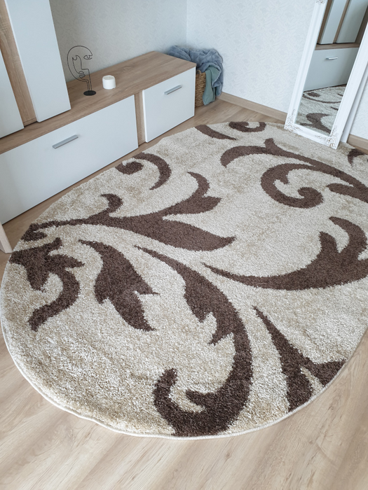 Covor oval pentru living bej cu model maro decorativ, covor modern elegant pentru casa