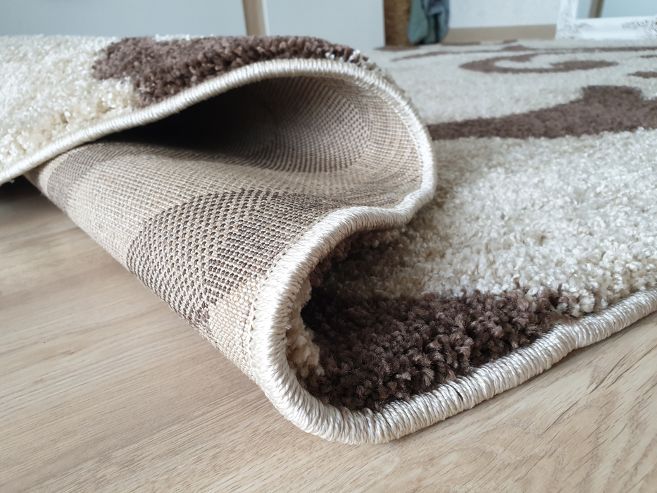 Covor oval living bej cu model floral maro, covor modern decorativ pentru interior