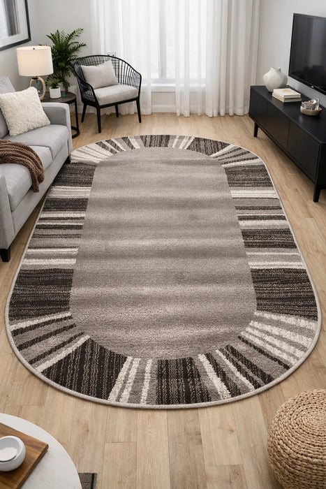 Covor oval pentru living modern in nuante bej maro, ideal pentru amenajari elegante