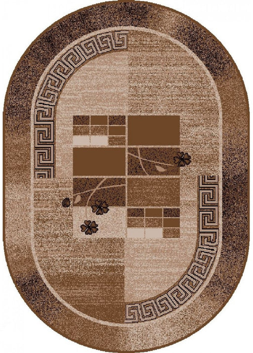 Covor oval maro bej modern cu design geometric, potrivit pentru living