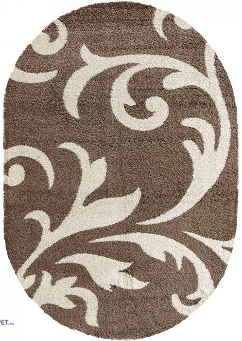 Covor oval maro cu model bej decorativ pentru living, covor modern elegant pentru casa