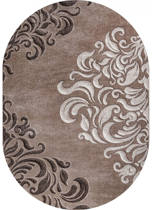 Covor oval maro bej cu design ornamental abstract vazut de sus forma eleganta pentru living