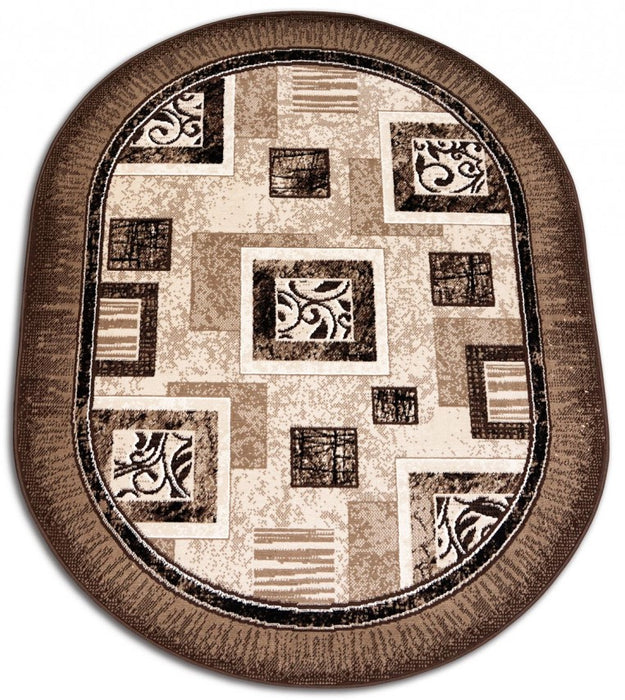 covor oval modern maro bej cu model geometric