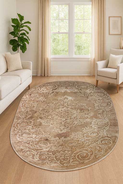 covor oval modern maro amplasat in living luminos, design elegant si contemporan