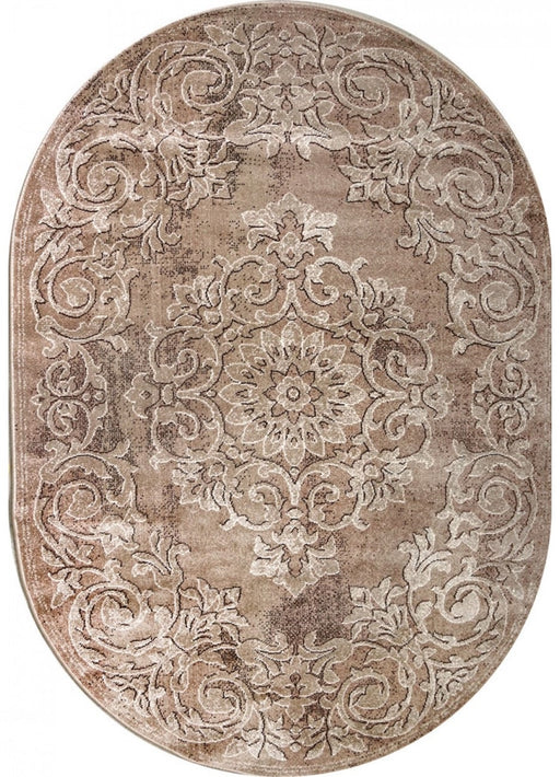 covor oval modern maro cu model abstract decorativ si nuante calde