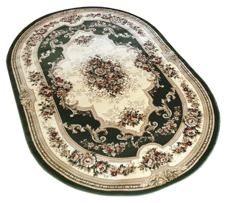 Covor clasic oval verde floral integrat intr-un interior elegant
